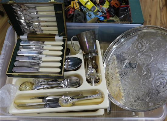 Assorted silver plated cutlery and other plated items.